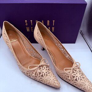 ✨ Stuart Weitzman “Kokomo” Mimosa Kid Leather Cutout Kitten Heels – Size 7.5 –